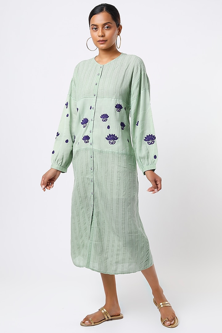 Mint Hand Embroidered Button-Down Summer Dress by AYAKA at Pernia's Pop Up Shop