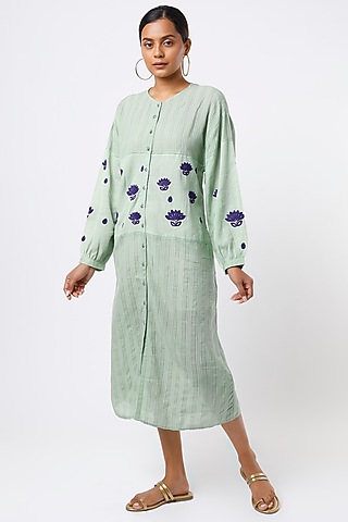 Mint Hand Embroidered Button-Down Dress by AYAKA