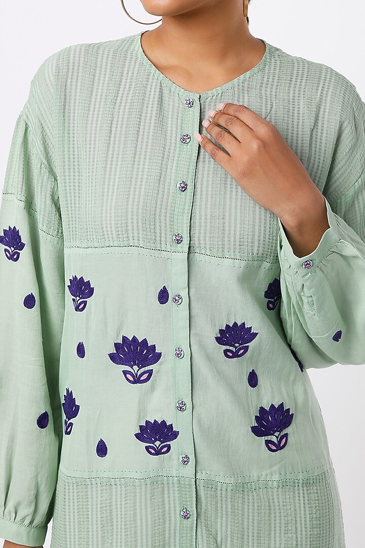 Mint Hand Embroidered Button-Down Summer Dress by AYAKA at Pernia's Pop Up Shop