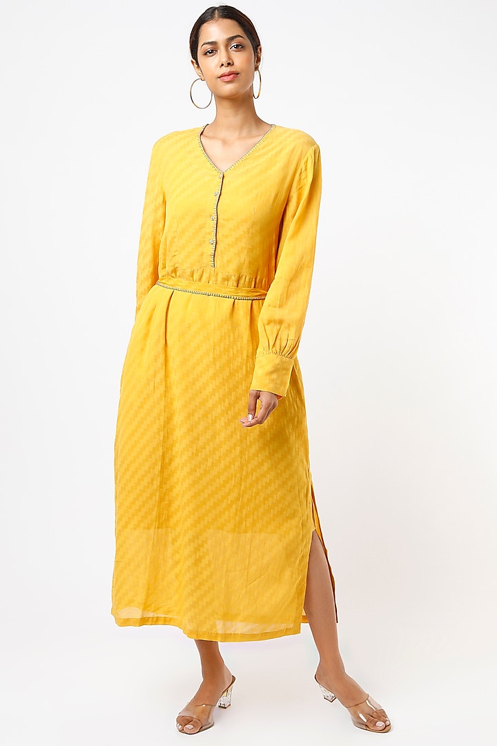 Yellow Hand Embroidered Dress by AYAKA at Pernia's Pop Up Shop