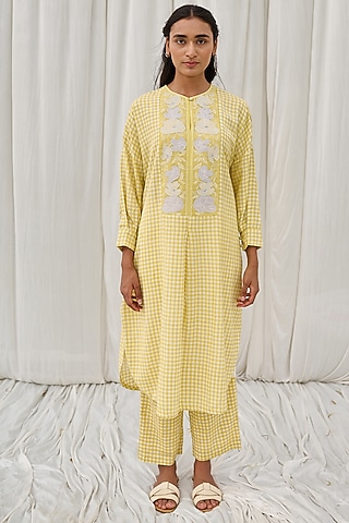 Yellow Cotton Printed & Embroidered Tunic by AYAKA