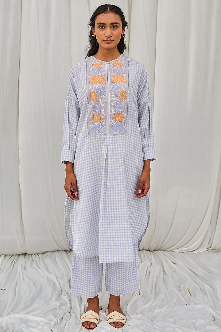 Blue Cotton Printed & Embroidered Tunic by AYAKA