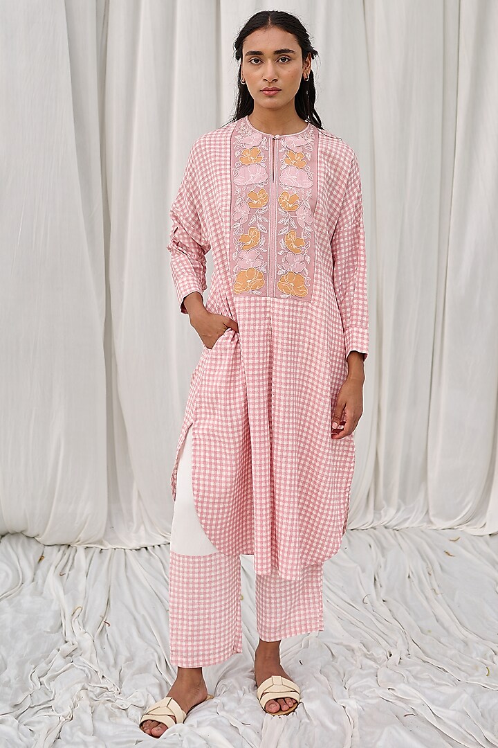 Pink Cotton Printed & Embroidered Tunic by AYAKA