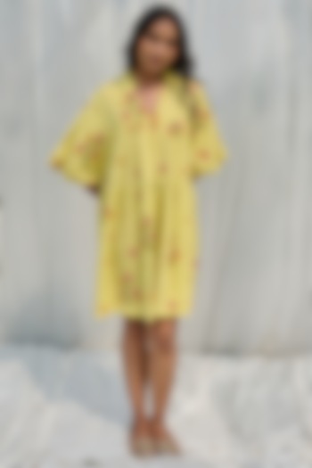 Neon Yellow Cotton Floral Hand Block Printed Dress by AYAKA