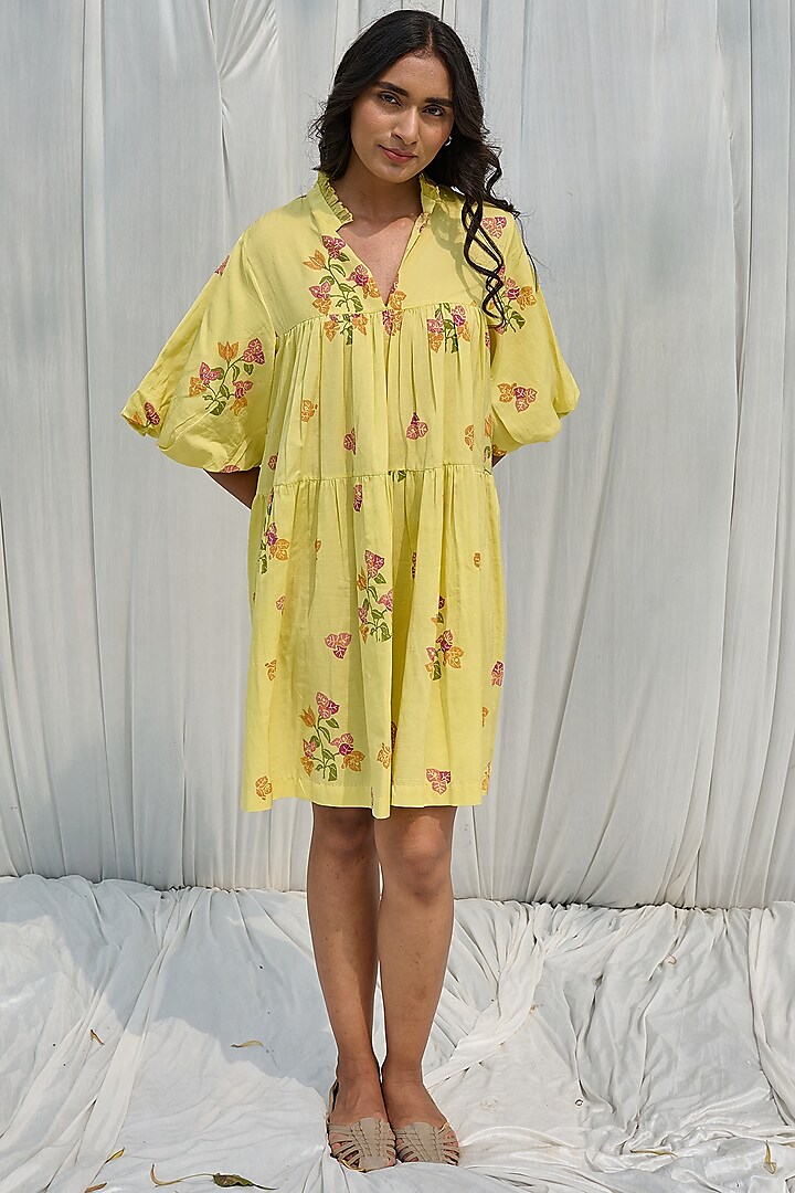 Neon Yellow Cotton Floral Hand Block Printed Dress by AYAKA