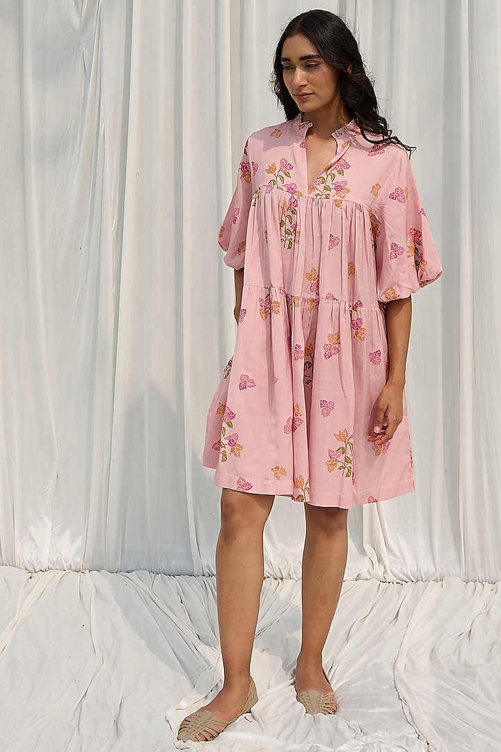 Pink Cotton Floral Hand Block Printed Dress by AYAKA at Pernia's Pop Up Shop