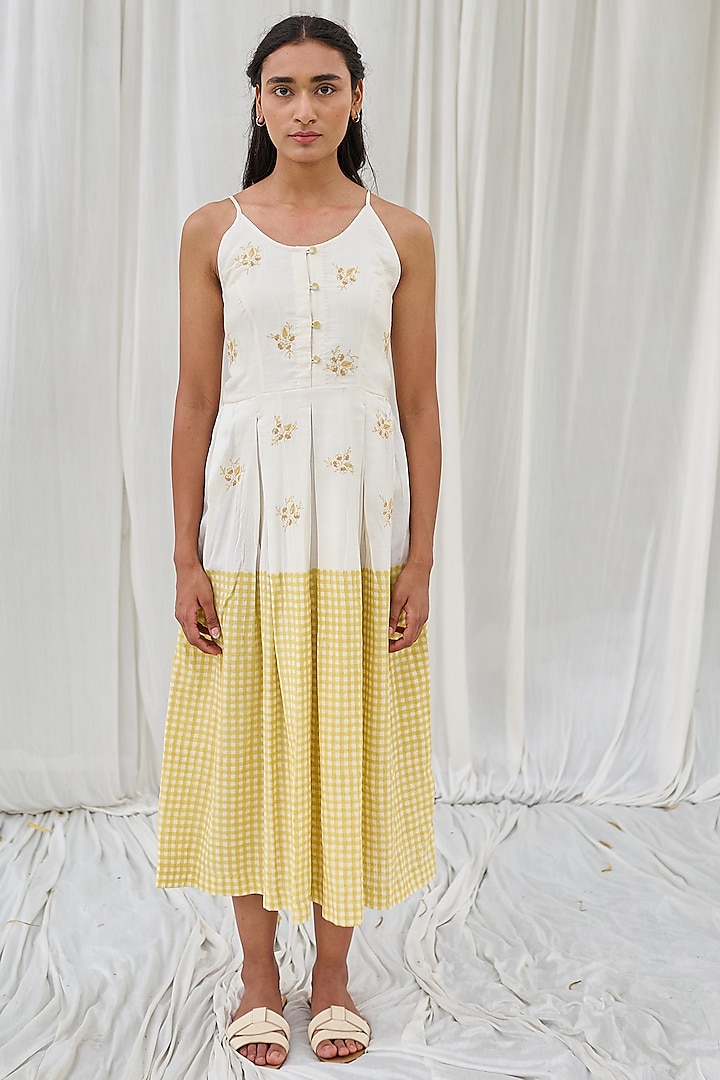 White & Yellow Cotton Printed & Embroidered Spaghetti Dress by AYAKA