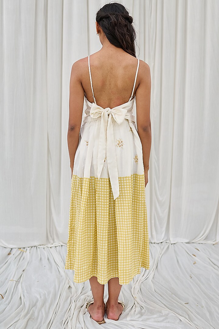White & Yellow Cotton Printed & Embroidered Spaghetti Summer Dress by AYAKA at Pernia's Pop Up Shop