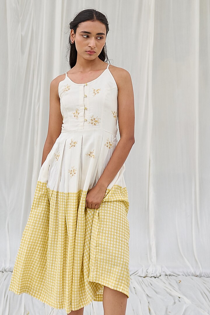 White & Yellow Cotton Printed & Embroidered Spaghetti Summer Dress by AYAKA at Pernia's Pop Up Shop
