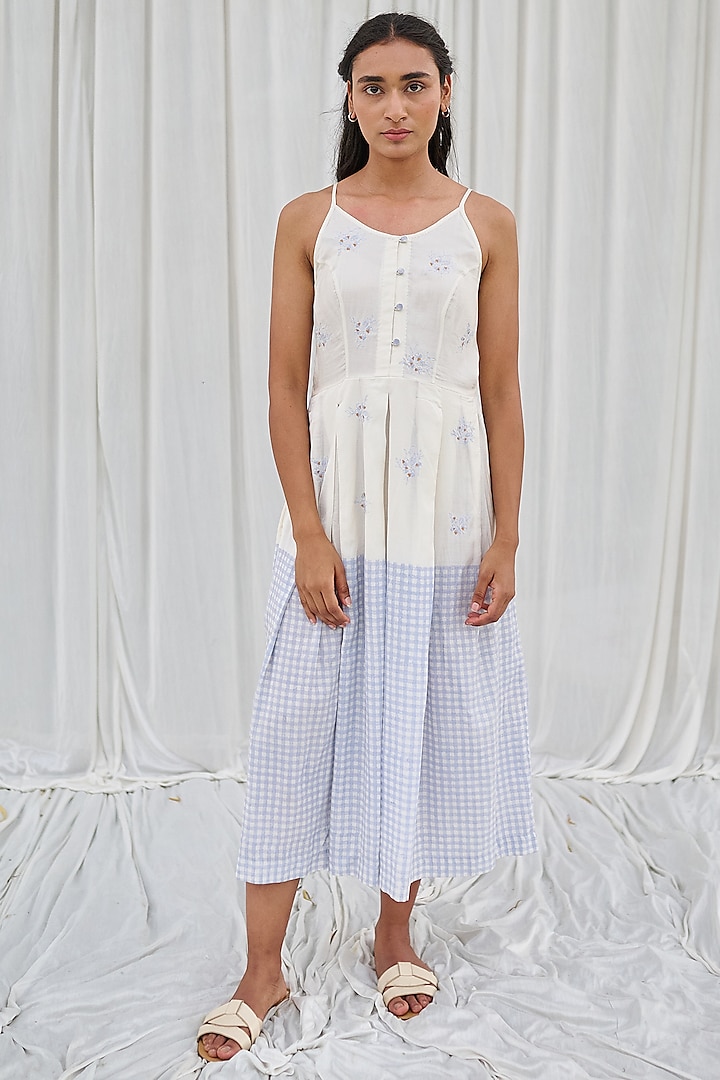 White & Lilac Cotton Printed & Embroidered Spaghetti Dress by AYAKA
