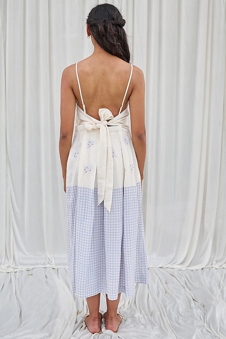 White & Lilac Cotton Printed & Embroidered Spaghetti Summer Dress by AYAKA at Pernia's Pop Up Shop