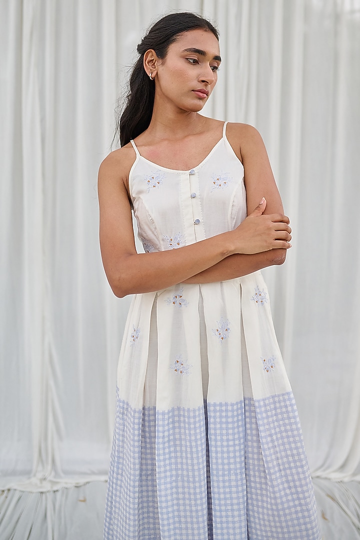 White & Lilac Cotton Printed & Embroidered Spaghetti Summer Dress by AYAKA at Pernia's Pop Up Shop