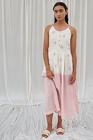 White & Pink Cotton Printed & Embroidered Spaghetti Dress by AYAKA