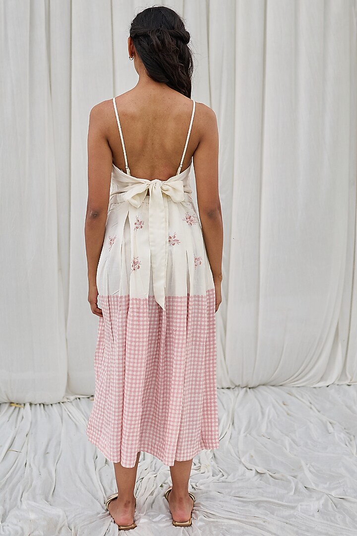 White & Pink Cotton Printed & Embroidered Spaghetti Summer Dress by AYAKA at Pernia's Pop Up Shop