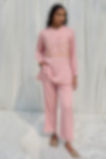 Pink Cotton Hand Embroidered Pant Set by AYAKA at Pernia's Pop Up Shop