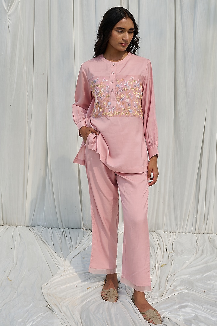 Pink Cotton Hand Embroidered Pant Set by AYAKA