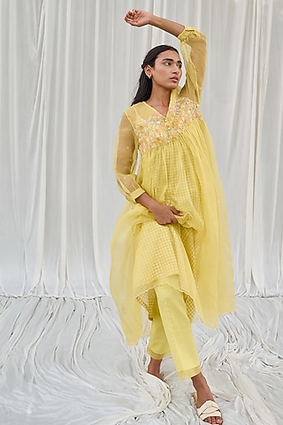 Neon Yellow Cotton Hand Block Printed Kurta Set by AYAKA