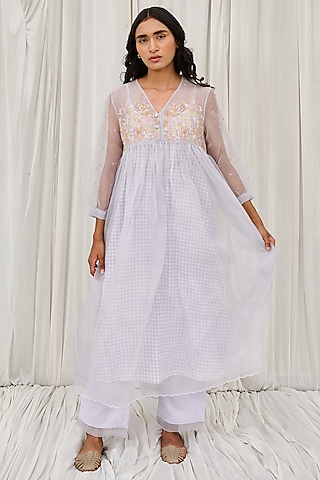 Lilac Cotton Hand Block Printed Kurta Set by AYAKA