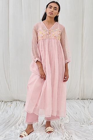 Pink Cotton Hand Block Printed Kurta Set by AYAKA