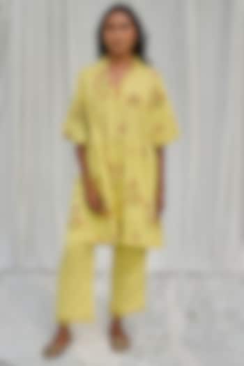 Neon Yellow Cotton Hand Block Printed Kurta Set by AYAKA at Pernia's Pop Up Shop