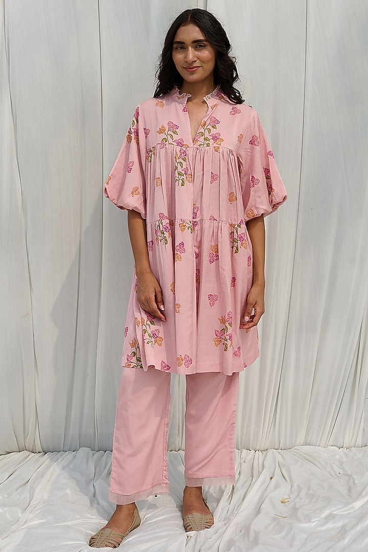 Pink Cotton Hand Block Printed Kurta Set by AYAKA at Pernia's Pop Up Shop