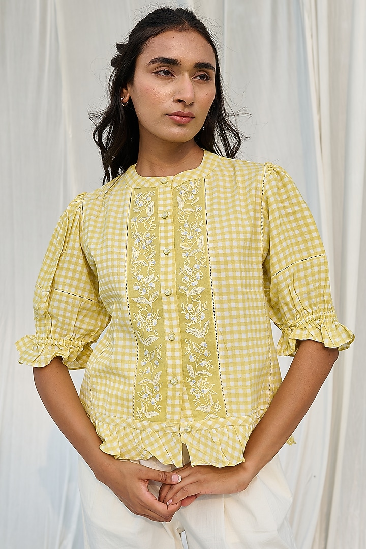 Yellow Organic Cotton Checkered Top by AYAKA at Pernia's Pop Up Shop