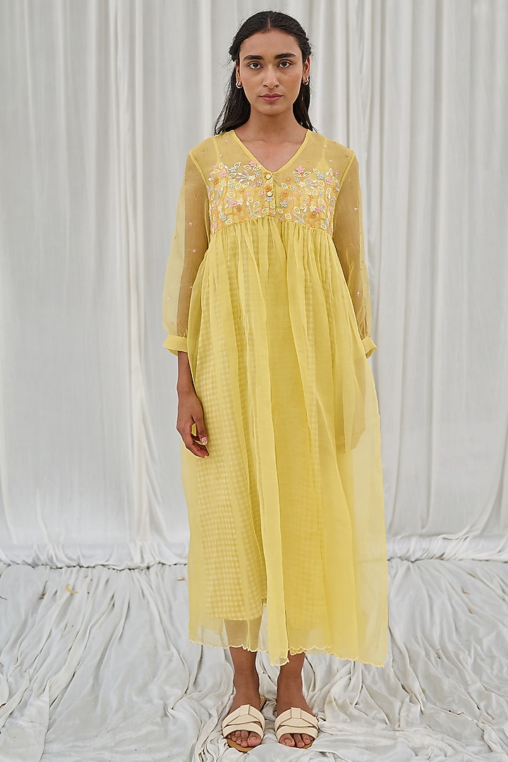 Neon Yellow Silk Organza Hand Embroidered Dress Design by AYAKA at