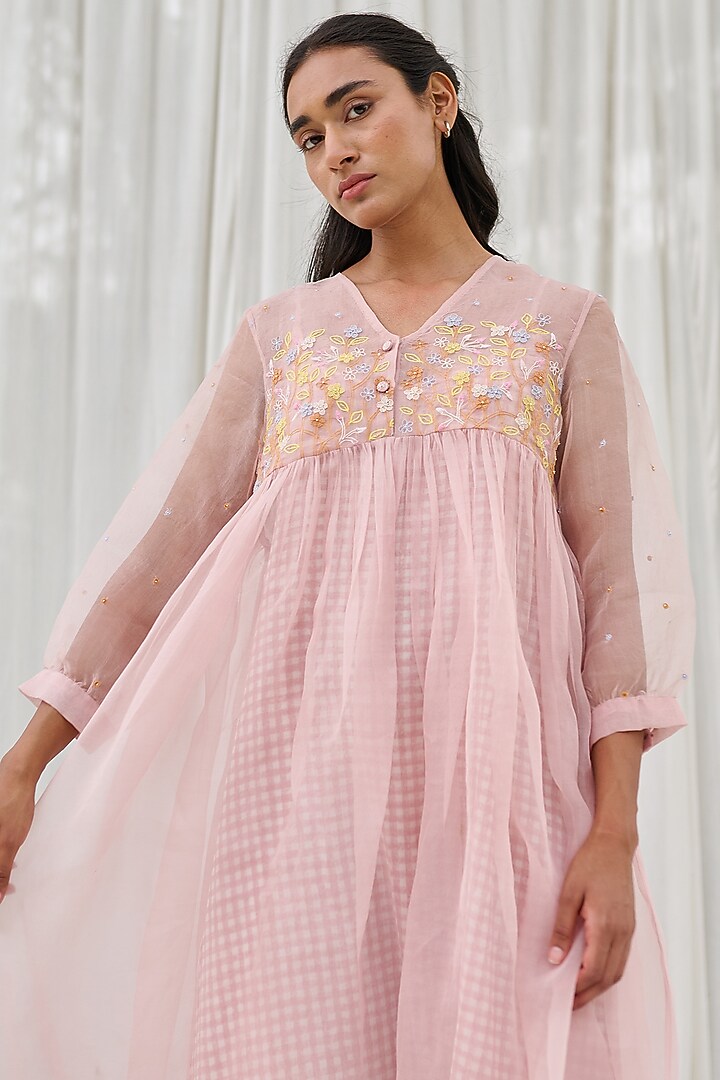 Pink Silk Organza Hand Embroidered Vacation Dress by AYAKA at Pernia's Pop Up Shop