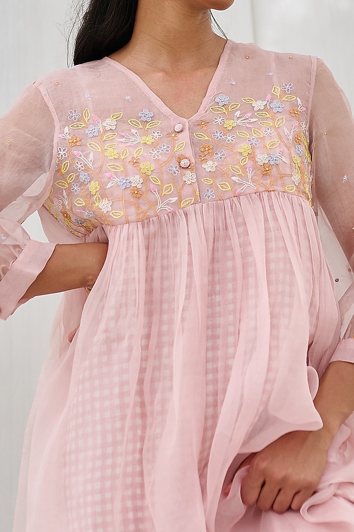 Pink Silk Organza Hand Embroidered Vacation Dress by AYAKA at Pernia's Pop Up Shop