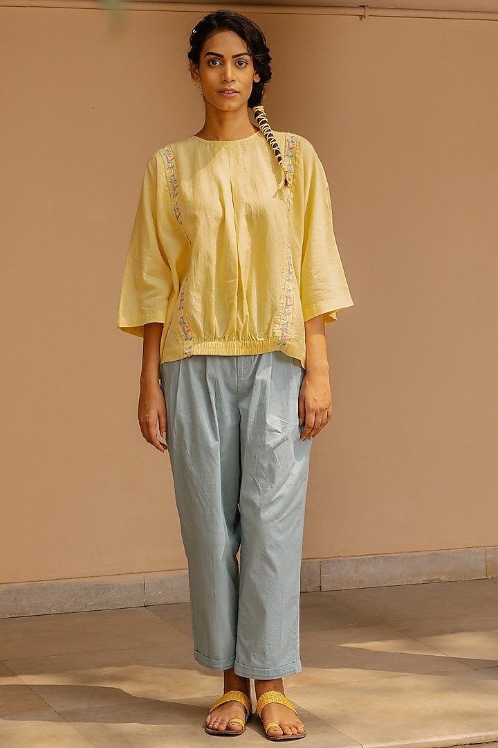 Yellow Hand Embroidered Top by AYAKA