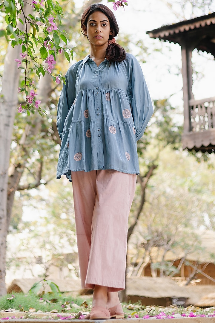 Blue Hand Embroidered Tiered Top by AYAKA