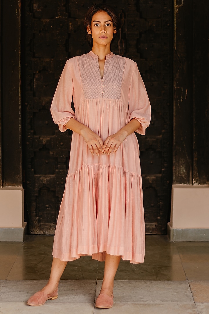 Pink Cotton Chanderi Tiered Dress by AYAKA