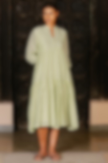 Pale Green Hand Embroidered Tiered Summer Dress by AYAKA at Pernia's Pop Up Shop