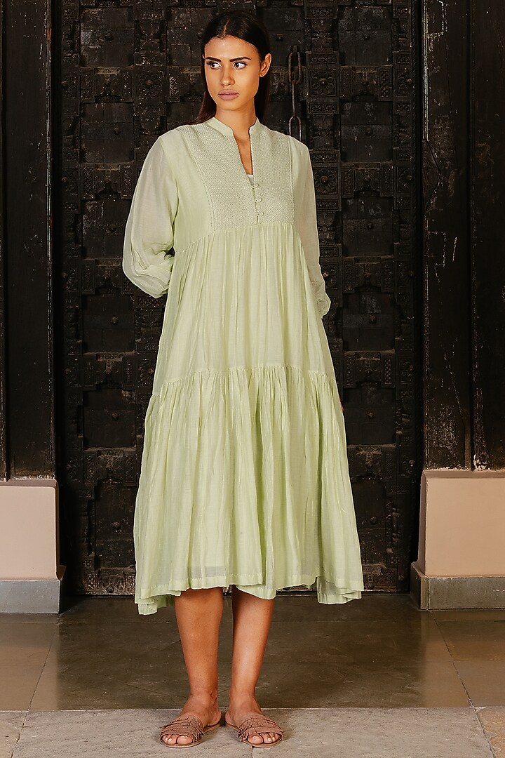 Pale Green Hand Embroidered Tiered Dress by AYAKA