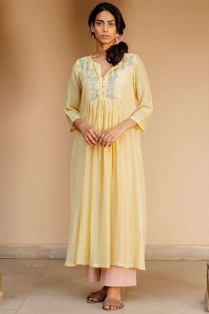 Yellow Cotton Hand-Embroidered Tunic by AYAKA