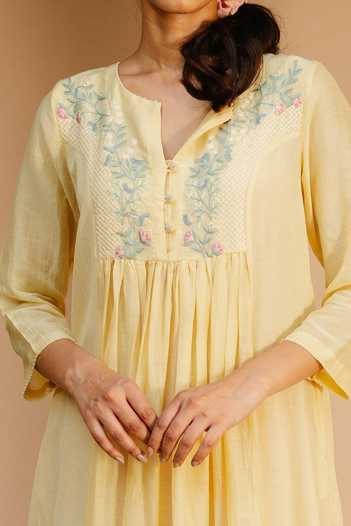 YELLOW FLORAL NECKLINE EMBROIDED TUNIC main image 0