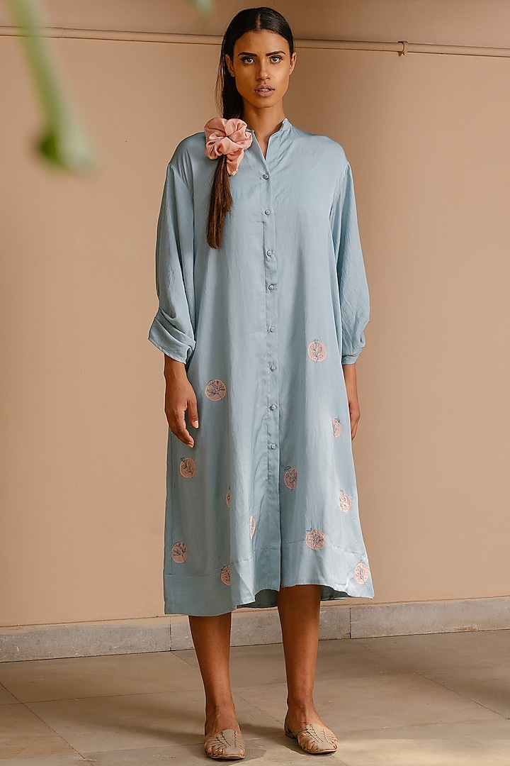 Blue Cotton Hand-Embroidered Tunic by AYAKA