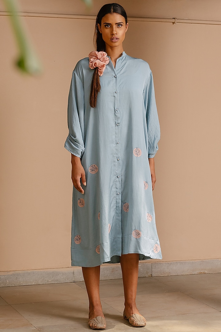 Blue Cotton Hand-Embroidered Tunic by AYAKA at Pernia's Pop Up Shop