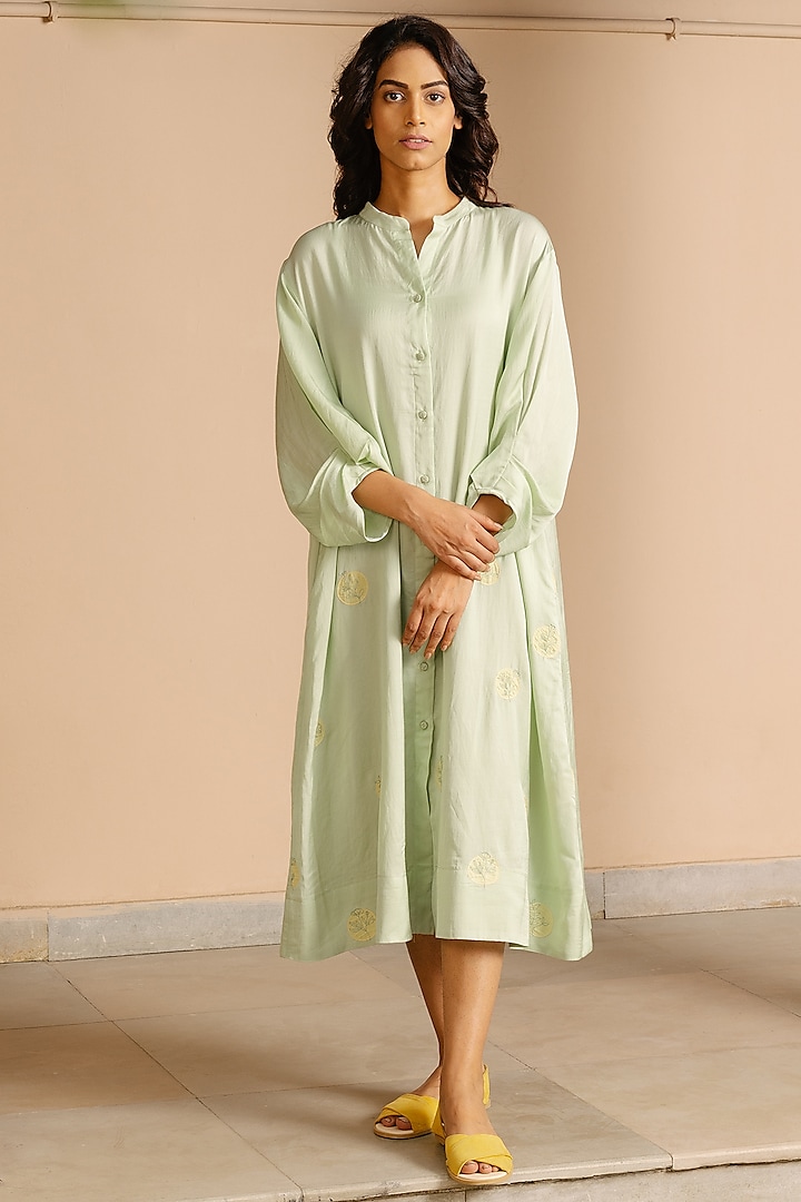 Green Cotton Hand-Embroidered Tunic by AYAKA