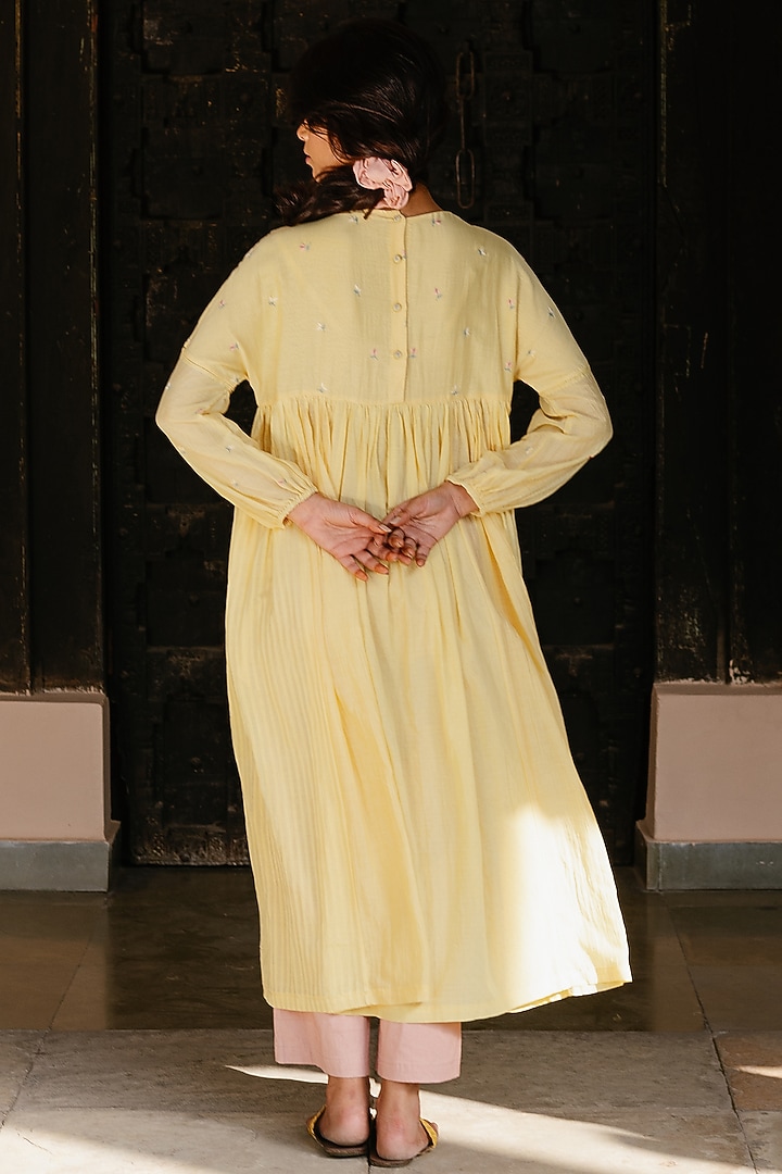 Yellow Cotton Hand-Embroidered Tunic by AYAKA at Pernia's Pop Up Shop