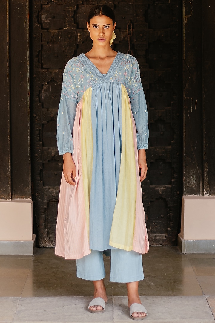Blue Cotton Hand-Embroidered Dress by AYAKA