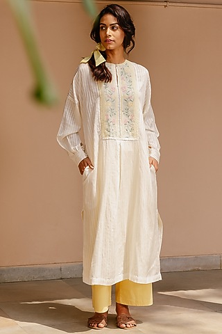 White Cotton Hand-Embroidered Dress by AYAKA