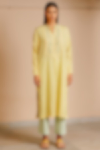 Yellow Cotton Hand-Embroidered Dress by AYAKA