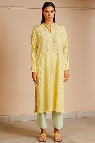 Yellow Cotton Hand-Embroidered Dress by AYAKA