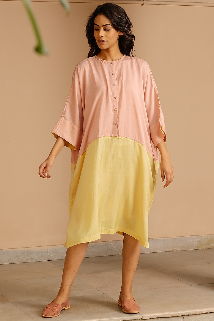 Pink And Yellow Color-Blocked Tunic by AYAKA