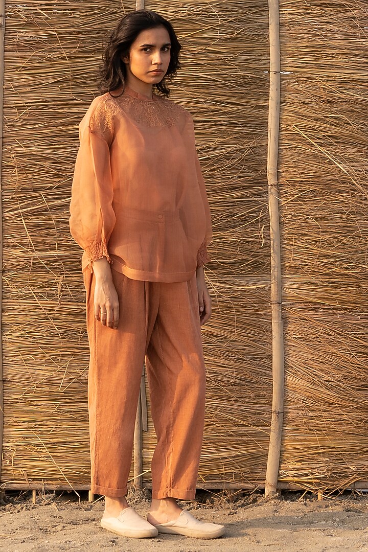 Peach Silk Organza & Viscose Tabby lining Hand Embroidered Top by AYAKA at Pernia's Pop Up Shop