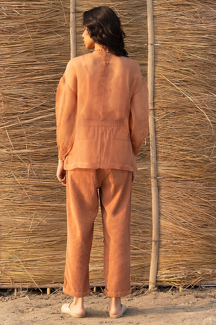 Peach Silk Organza & Viscose Tabby lining Hand Embroidered Top by AYAKA at Pernia's Pop Up Shop