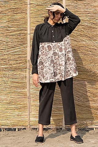 Black Corduroy & Viscose Tabby Printed Tiered Shirt by AYAKA