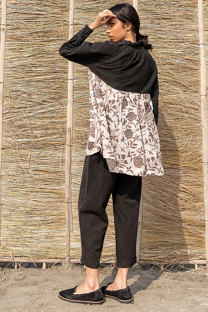 Black Corduroy & Viscose Tabby Printed Tiered Shirt by AYAKA at Pernia's Pop Up Shop