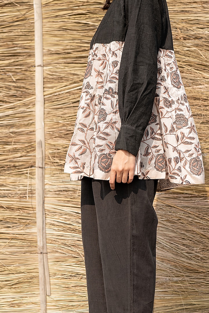 Black Corduroy & Viscose Tabby Printed Tiered Shirt by AYAKA at Pernia's Pop Up Shop